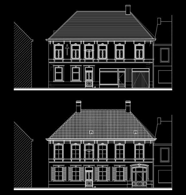 Voorgevel voor/na – Burgerwoning Kerkstraat 2 – Zwevezele (Wingene)