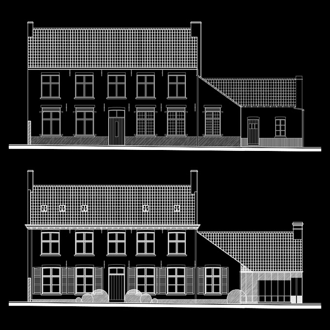 Voorgevel voor/na – Pastorie van Moere – Moere (Gistel)